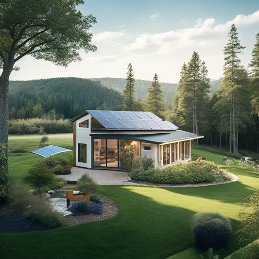 A serene, eco-friendly home surrounded by lush greenery, with solar panels on the roof, a wind turbine in the distance, and a rainwater harvesting system, conveying a sense of self-sufficiency.