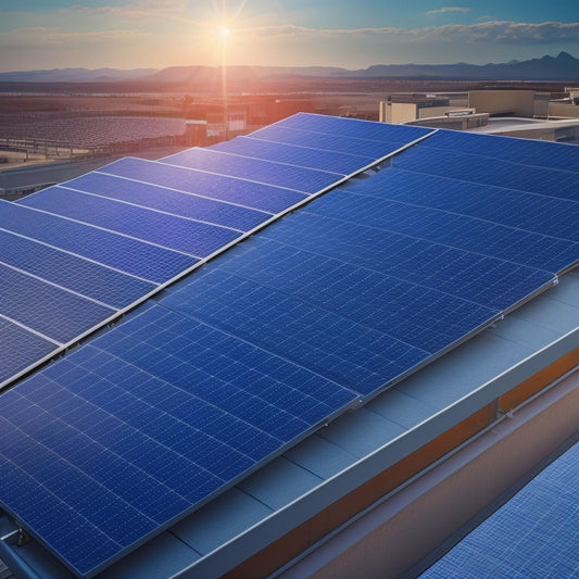 A photorealistic image depicting a sleek, black solar battery unit installed beside a row of silver-framed solar panels on a modern rooftop, with a subtle grid pattern in the background.