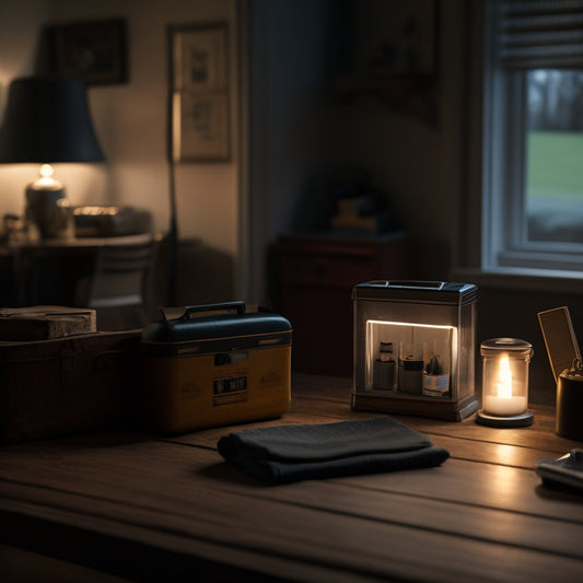 A dimly lit home interior with a flashlight beam shining on a portable power station, surrounded by batteries, candles, and a first aid kit, on a wooden table against a darkened window.
