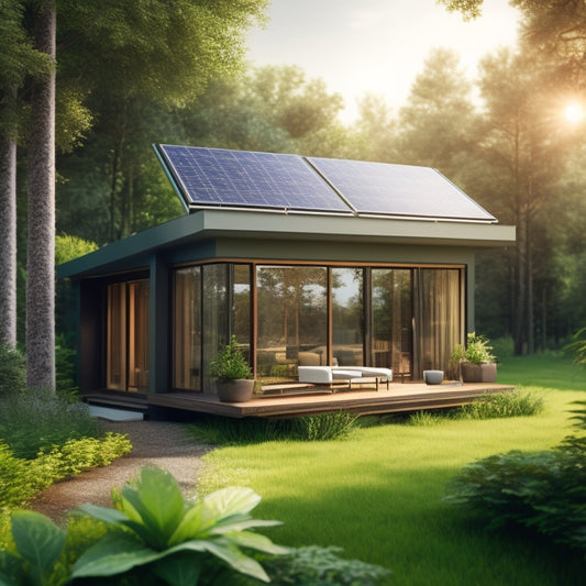 An illustration of a modern, eco-friendly home surrounded by lush greenery, with solar panels on the roof and a sleek, modern battery system visible through a large window.