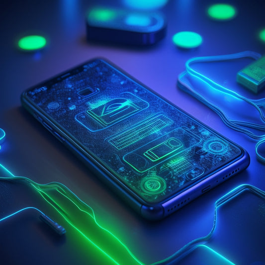 An illustration of a smartphone with a glowing green battery icon, surrounded by swirling electric currents and atoms in motion, set against a dark blue background with subtle circuit board patterns.