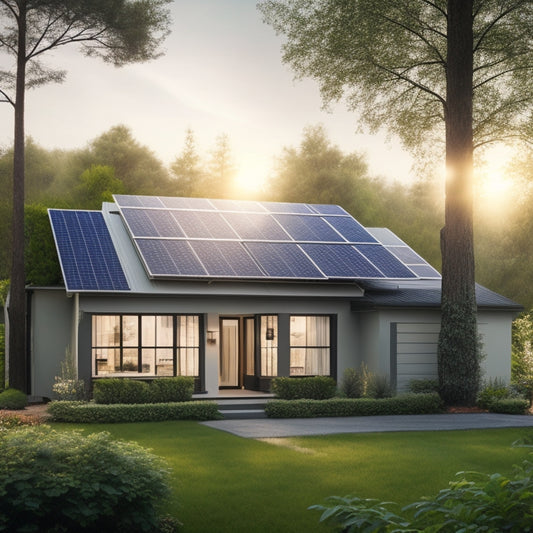 A serene suburban home with a sleek, modern solar panel array on the roof, surrounded by lush greenery, with a subtle sunbeam illuminating the panels and a faint grid pattern in the background.