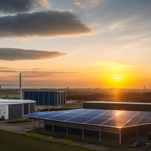 A commercial building with solar panels on the roof, and a large battery storage unit in the background, with a cityscape at sunset, and a green landscape in the foreground.