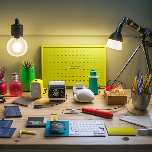 A colorful, organized workspace with various DIY home energy kit components laid out, including a smart plug, LED light bulbs, a thermostat, and a solar-powered charger, on a wooden table.