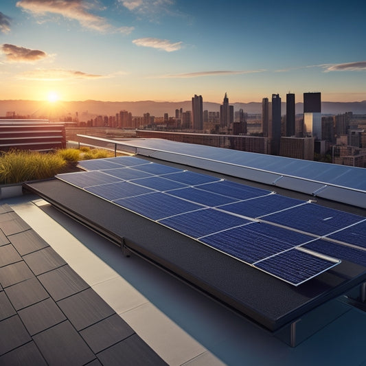 A serene, modern rooftop with sleek, black solar panels angled towards the sun, accompanied by a compact, silver battery system with sleek lines and a subtle LED glow.