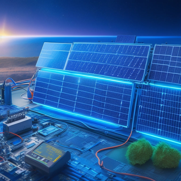 An illustration of a solar panel system with a prominent, centrally-located inverter, connected to a battery bank, amidst a subtle background of circuit boards and wires, surrounded by glowing blue accents.