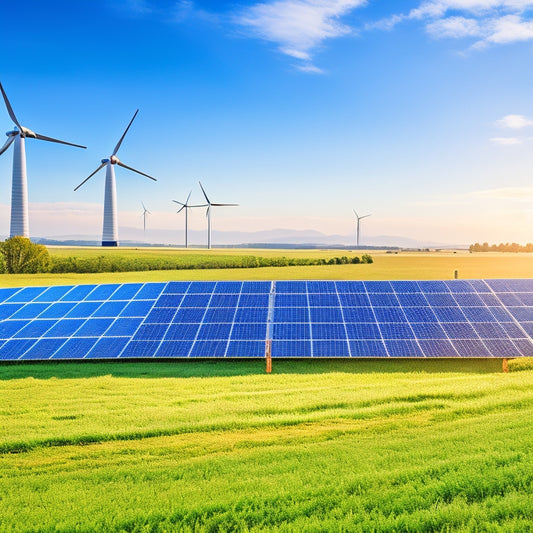 A serene landscape showcasing a solar panel array and wind turbines, with a sleek battery backup system in the foreground, vibrant green fields, clear blue sky, and sunlight reflecting off the panels.