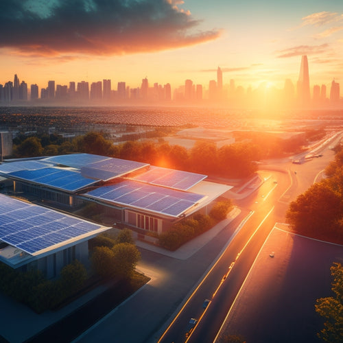 A futuristic cityscape at sunset with sleek, silver solar panels integrated into rooftops and streets, connected by glowing blue lines, surrounded by lush greenery and a clear blue sky.