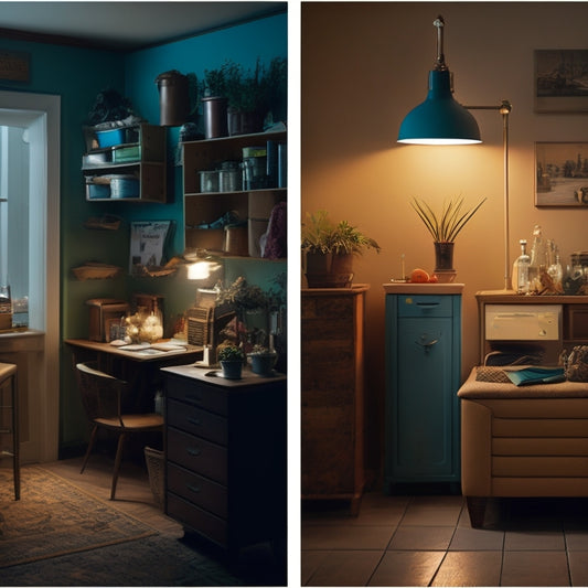 A split-screen image featuring a dimly lit, cluttered room on one side and a bright, organized space on the other, with energy-efficient light bulbs, a programmable thermostat, and a recycling bin.