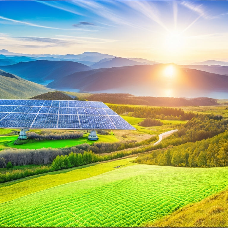 A vibrant landscape showcasing solar panels glistening under the sun, wind turbines spinning gracefully on rolling hills, and a futuristic hydroelectric dam, all interconnected by lush greenery and clear blue skies.