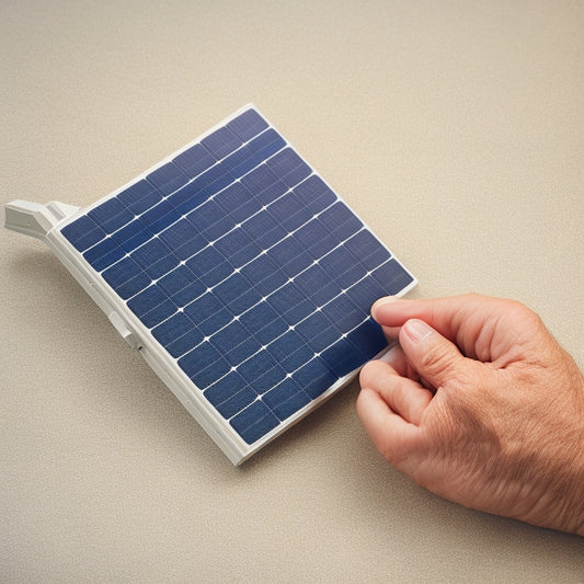 An image of a person's hands holding a solar panel mounting clamp, with a screwdriver and screws nearby, against a clean white background, with a subtle grid pattern of roof tiles in the distance.