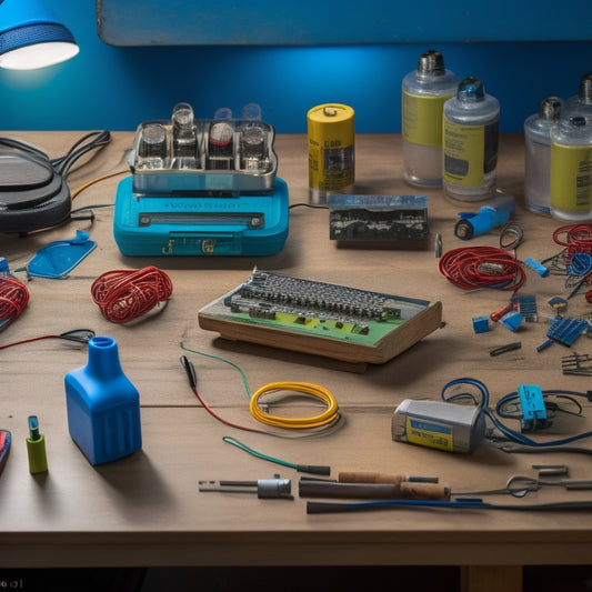 An arrangement of rechargeable batteries, wires, and small electronic components on a wooden workbench, surrounded by scattered tools and a faint blueprint in the background.