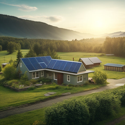 A serene rural landscape with a cluster of small, earth-toned homes surrounded by lush greenery, featuring a prominent off-grid solar panel array and a battery storage system in the foreground.