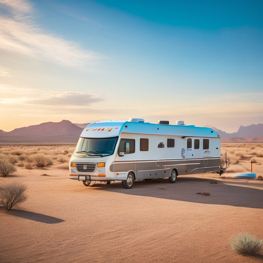 A serene RV parked in a sun-drenched desert landscape, surrounded by solar panels and a wind turbine, with a subtle mist emanating from the air conditioning vent above the vehicle's roof.