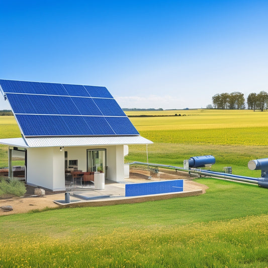 A diagram showcasing a solar panel array connected to a controller, pump, and water tank, with pipes and valves illustrating efficient water flow, set against a rural landscape with a distant farmhouse.