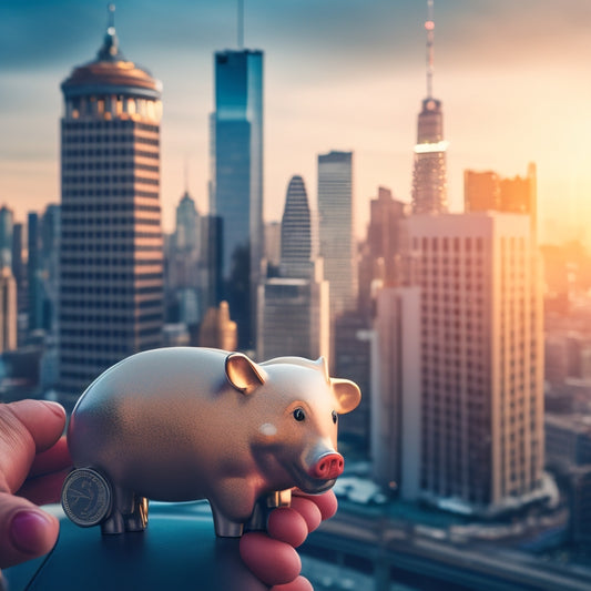 An illustration of a person holding a battery with a piggy bank and coins surrounding it, amidst a cityscape with buildings and cars in the background, conveying cost savings and energy efficiency.