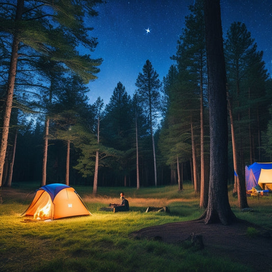 A serene campsite at dusk with various solar-powered camping lights glowing softly, illuminating tents, a campfire, and surrounding trees, creating a warm, inviting atmosphere under a starlit sky.