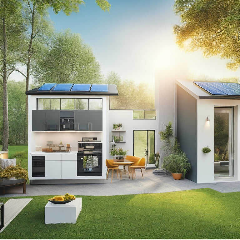 A bright, modern home with solar panels on the roof, a smart thermostat on the wall, and energy-efficient appliances in the kitchen, surrounded by greenery and a subtle background of coins and puzzle pieces.