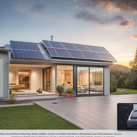 A serene, modern home with a rooftop solar panel array, a wall-mounted battery storage system, and a smart energy management system display on a tablet.