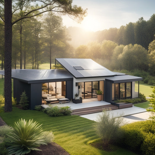 A daytime landscape with a modern home featuring a sloping rooftop covered in sleek, black solar panels, surrounded by lush greenery, with a sleek, compact battery backup unit visible in the backyard.