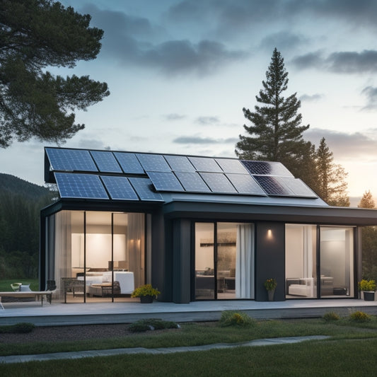A modern home with solar panels on the roof, a sleek battery backup unit on the exterior wall, and a subtle glow emanating from the windows, symbolizing energy independence on a partly cloudy day.