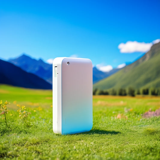 A sleek, modern power bank with a built-in solar panel on top, set against a bright blue sky with fluffy white clouds, surrounded by lush green leaves and a few scattered hiking gear.