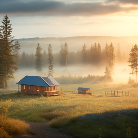 A serene, misty morning landscape with a rustic, wooden cabin in the distance, surrounded by solar panels and a array of sleek, modern off-grid batteries in the foreground.