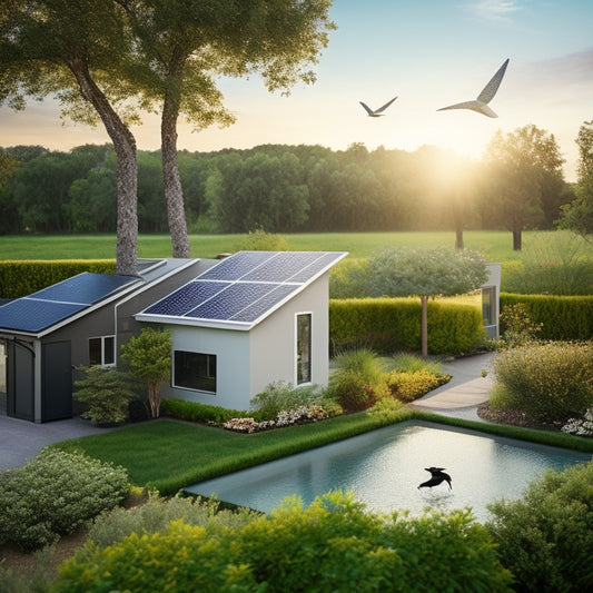 A serene backyard with a modern solar panel array, a sleek wind turbine, and a compact battery storage unit, surrounded by lush greenery and a few birds perched on the roof.