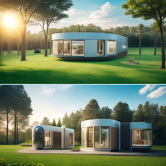 A futuristic home with sleek, modern architecture, featuring three prominent energy storage units from different providers, each with distinct designs and colors, surrounded by greenery and sunlight.