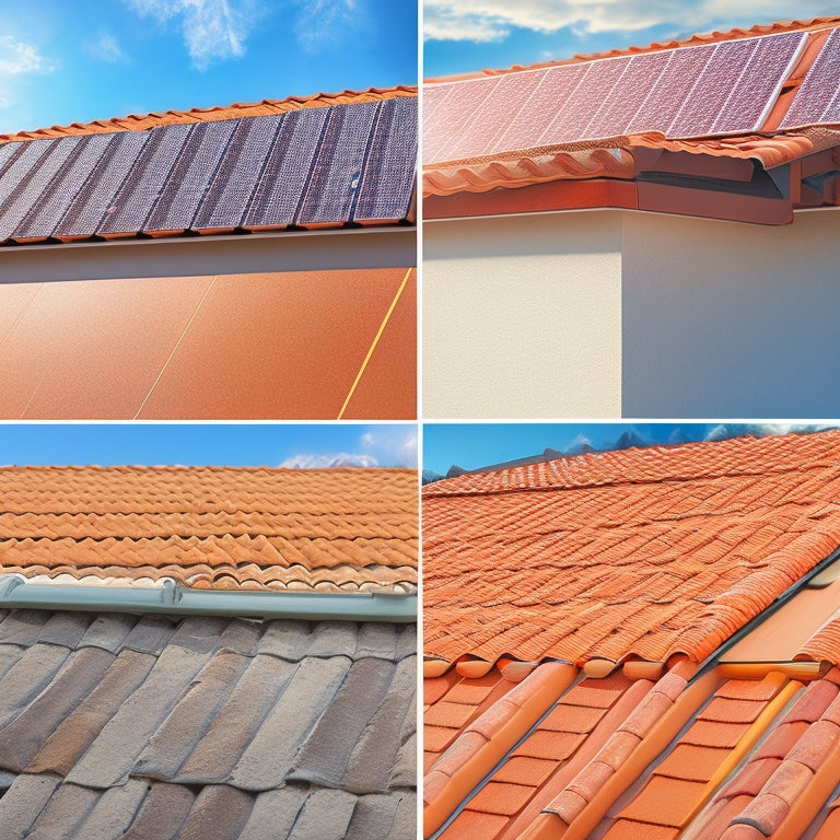 An illustration of a tile roof with various solar panel mounting options, including hooks, clips, and rails, showcasing different installation methods and angles, with sunlight casting subtle shadows.