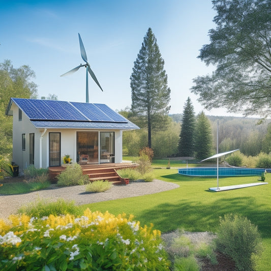 A serene, eco-friendly backyard scene with a small, modern house, solar panels on the roof, and a wind turbine spinning in the distance, surrounded by lush greenery and a clear blue sky.