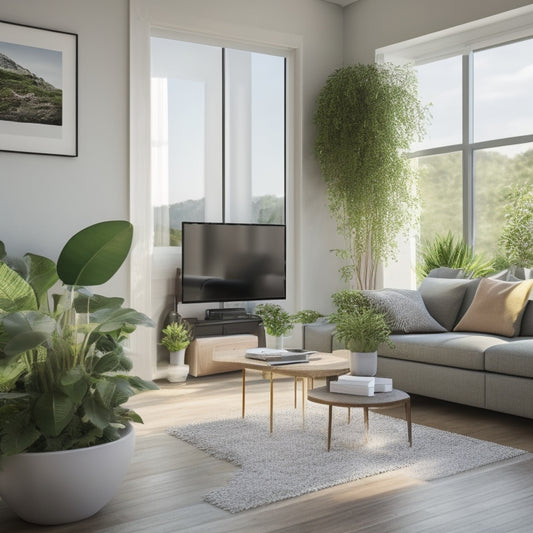 A modern, minimalist living room with a large window, surrounded by various digital devices and papers, showcasing a 3D model of a sustainable home on a tablet, with a green plant in the corner.