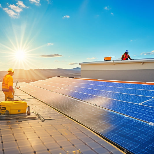 An illustration of a rooftop with solar panels, with a pair of gloved hands cleaning a panel, a toolbox and a ladder nearby, set against a clear blue sky with a few fluffy white clouds.