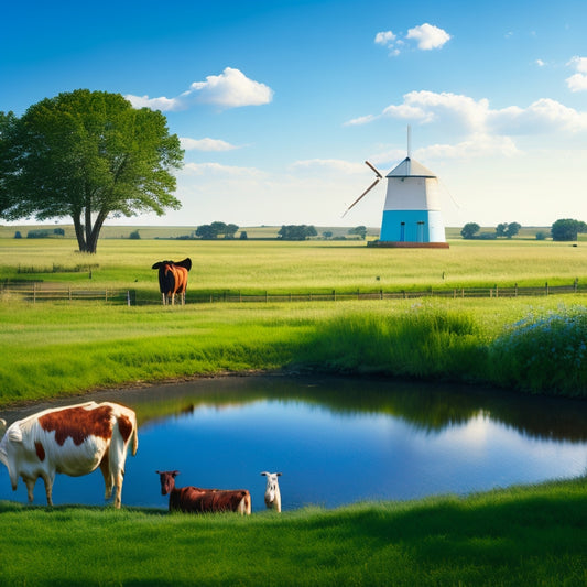 A serene rural landscape with a windmill-powered water pump in the foreground, surrounded by lush green pastures and contented cattle, under a clear blue sky with a few puffy white clouds.