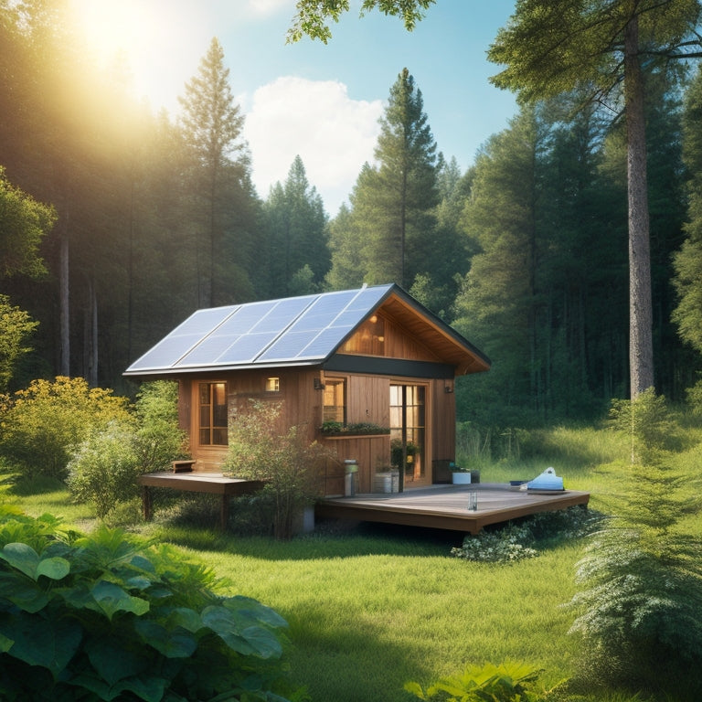 A serene off-grid cabin surrounded by lush greenery, with solar panels on the roof and a sleek battery kit nearby, under a bright blue sky, showcasing a harmonious blend of nature and renewable energy.