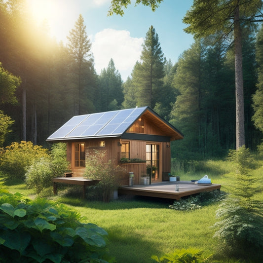 A serene off-grid cabin surrounded by lush greenery, with solar panels on the roof and a sleek battery kit nearby, under a bright blue sky, showcasing a harmonious blend of nature and renewable energy.
