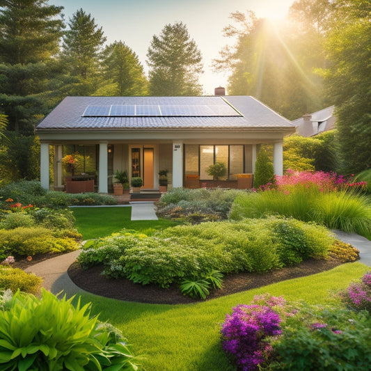 A serene suburban home with a lush garden, featuring a green, living roof adorned with vibrant plants, solar panels reflecting sunlight, and a backdrop of clear blue skies and gentle trees.