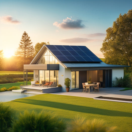 A serene, modern home with solar panels on the roof, a sleek battery backup system in the background, and a laptop with a shopping website open, amidst a subtle, sunny landscape.