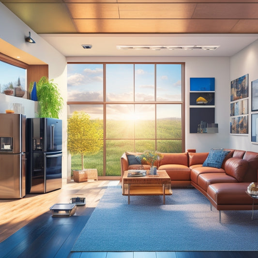 A modern living room with various home appliances, including a refrigerator, TV, and laptop, powered by a sleek solar panel system on the roof, with a subtle grid of energy-efficient circuits in the background.