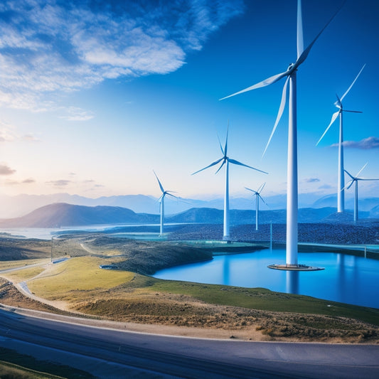 A futuristic landscape with sleek, modern wind turbines, solar panels, and hydroelectric dams, interconnected by glowing blue lines, set against a bright blue sky with fluffy white clouds.