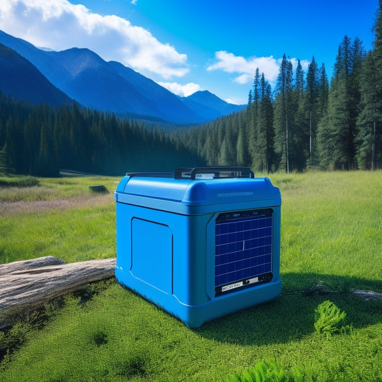 A rugged solar battery bank charger nestled in a lush, green off-grid landscape, surrounded by pine trees and mountains, with solar panels glistening under a bright blue sky, showcasing its durability and efficiency.