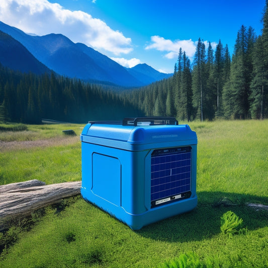 A rugged solar battery bank charger nestled in a lush, green off-grid landscape, surrounded by pine trees and mountains, with solar panels glistening under a bright blue sky, showcasing its durability and efficiency.