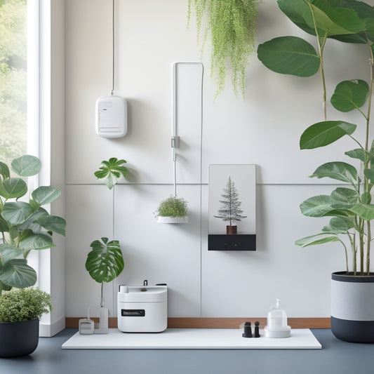 A serene, minimalist illustration featuring a sleek, modern home with a lush greenery backdrop, showcasing a charging station with 5 identical batteries in ascending order of size, surrounded by leaves and tiny eco-friendly icons.