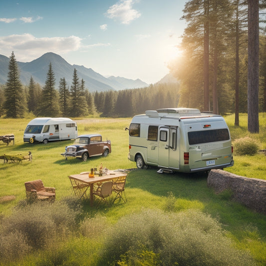 A serene wilderness landscape with a camper van in the distance, solar panels on its roof, and a portable power station with a few gadgets plugged in, surrounded by lush greenery and a sunny sky.