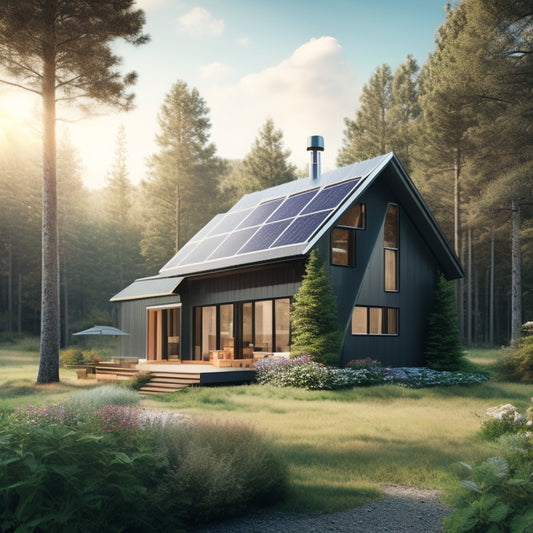 An illustration of a serene, modern, off-grid cabin surrounded by lush greenery, with a sleek, black, solar panel array on the roof, and a wind turbine spinning gently in the background.