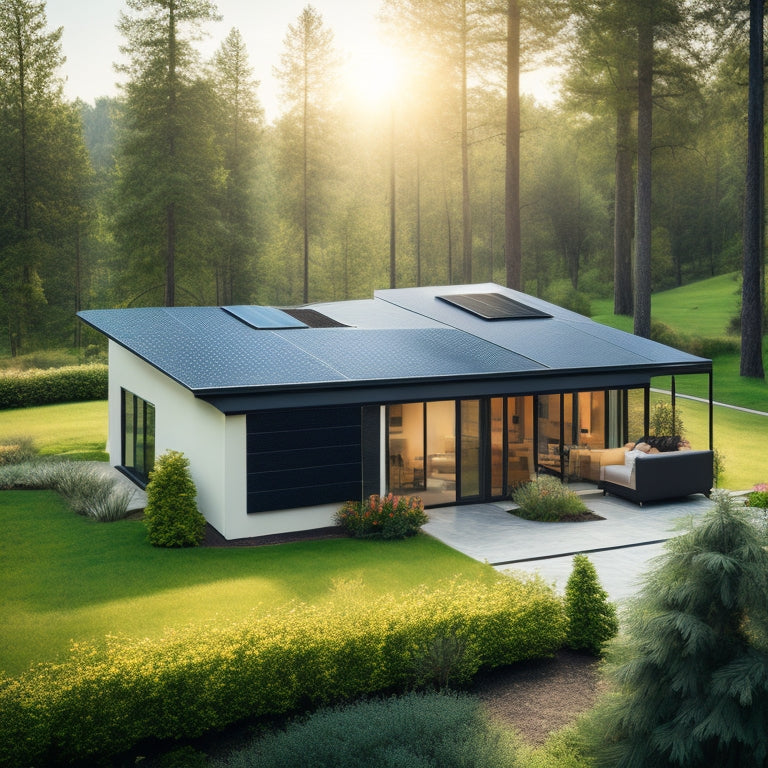 A serene, modern home with a lush green roof, surrounded by tall trees, featuring a sleek solar panel array on the roof, and a compact, futuristic battery storage unit in the backyard.