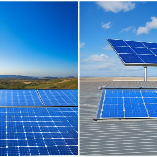 A split-screen illustration: a rooftop with installed solar panels on one side, and a sleek, modern battery system with wires and connectors on the other, set against a bright blue sky.