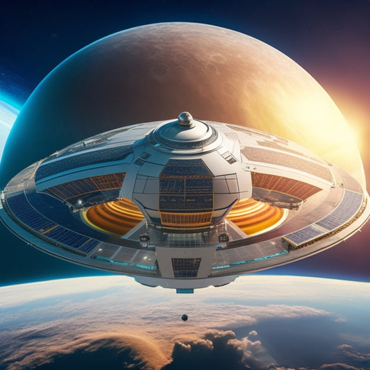 A futuristic, sleek spacecraft hovering above a planetary surface, with a massive, spiral-shaped solar panel array unfolding from its belly, surrounded by orbiting satellites and stars.