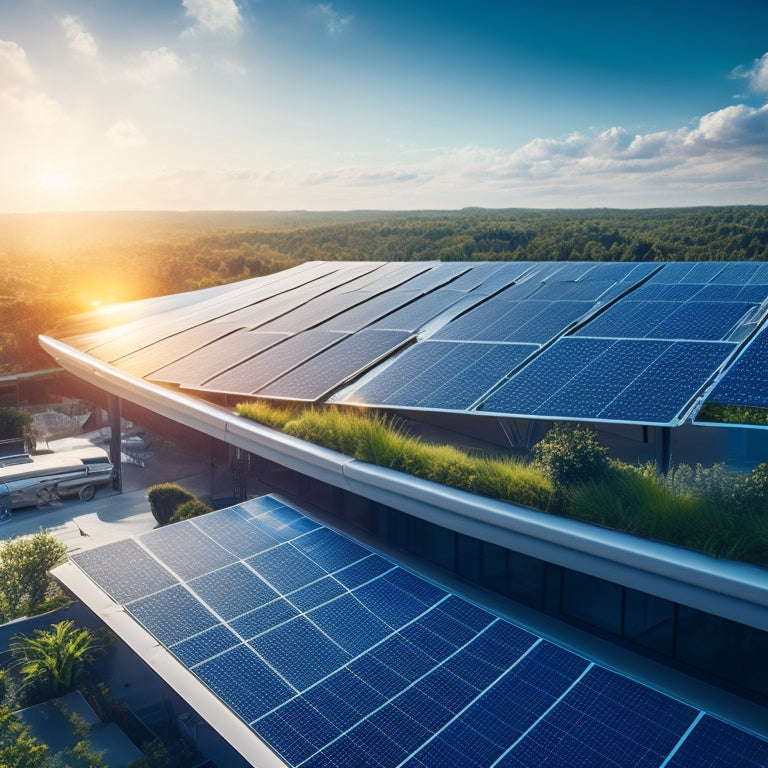 A futuristic rooftop adorned with sleek solar glass panels reflecting sunlight, surrounded by lush greenery, with a bright blue sky overhead, symbolizing innovation and sustainability in renewable energy.