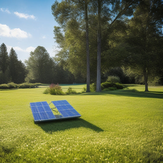 A serene backyard scene with a compact, foldable solar panel array on a grassy lawn, connected to a small, sleek battery pack and a few devices, surrounded by lush greenery and a sunny blue sky.